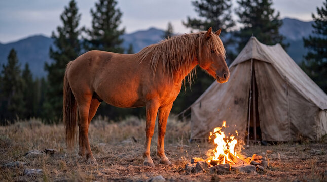 Chestnut Mustang horse standing beside a small campfire in the wilderness. Equine illuminated by warm firelight near a canvas tent at dusk