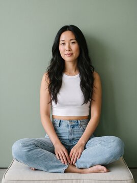Young asian woman with long black hair sitting cross legged and looking at camera wearing white crop top and jeans