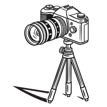 Black and white vector illustration of camera mounted on tripod