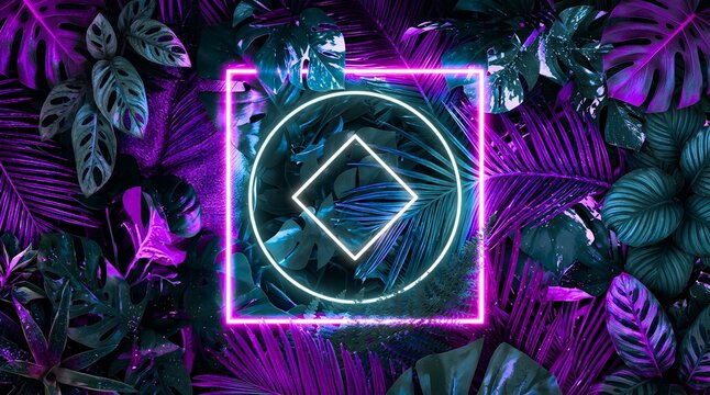 Creative fluorescent color layout made of tropical leaves. Flat lay neon colors. Nature concept.