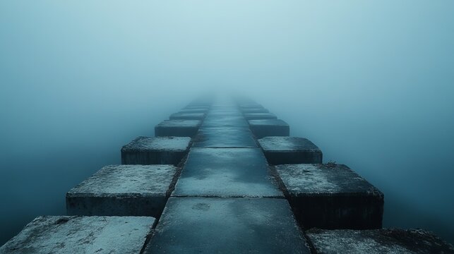 Concrete pathway receding into dense fog, creating a sense of mystery and isolation in a muted, somber atmosphere