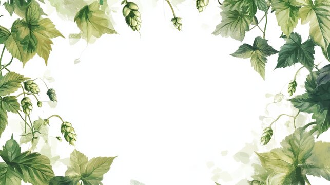 Watercolor hop leaves and cones frame a bright, clean background, offering a natural, refreshing aesthetic