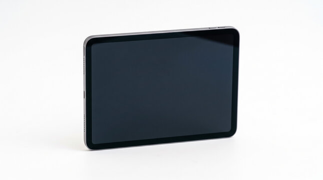 Modern digital tablet with blank black screen on white background