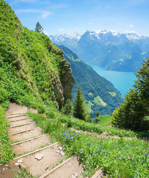 adventurous trail with many stairs, Klingenstock mountain, tourist destination for hikers