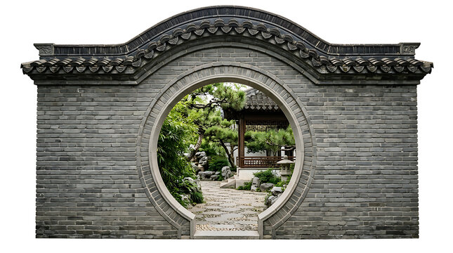 Traditional Chinese Moon Gate Architectural Structure with Lush Garden View