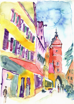 Colorful medieval street and historic gate in Dinkelsbuhl Bavaria, hand-painted watercolor