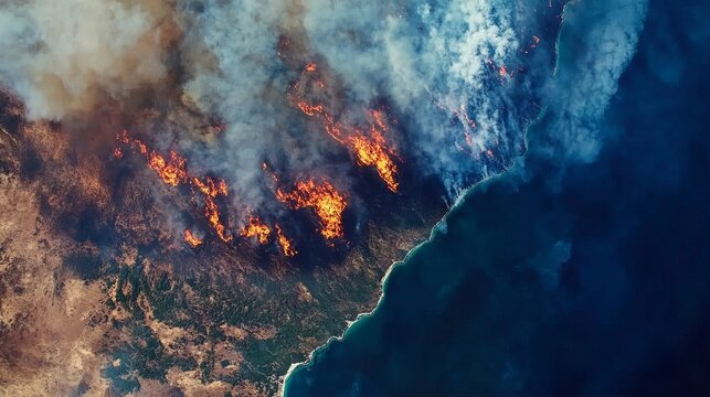 Aerial view showcases dramatic contrast between wildfire's intense orange glow and deep blue ocean waters