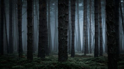 Obraz premium Misty forest with tall trees and dense fog