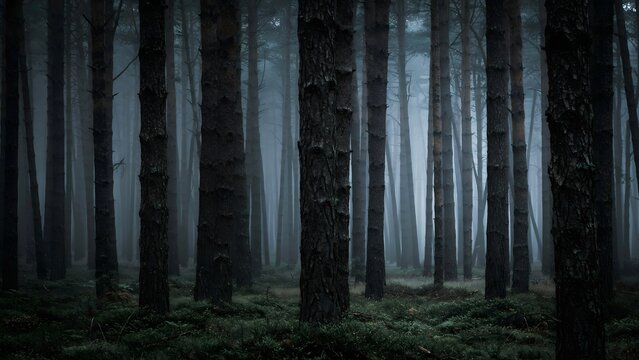 Misty forest with tall trees and dense fog