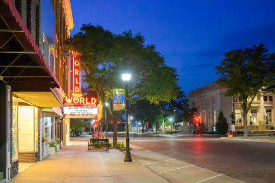 Evening view of the illuminated World Theatre on the brick paved Central Avenue in the downtown historic Bricks Creative District of Kearney, Nebraska, July 29 2026.