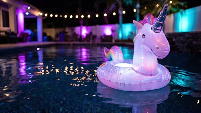 Slow motion panning shot of inflatable unicorn float drifting and spinning on backyard pool water with string lights and colorful led wall illumination at night