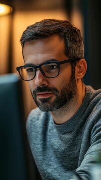 A man with a beard and glasses is sitting at a desk, seemingly deep in thought or focused on work. He's dressed in a casual gray sweater.