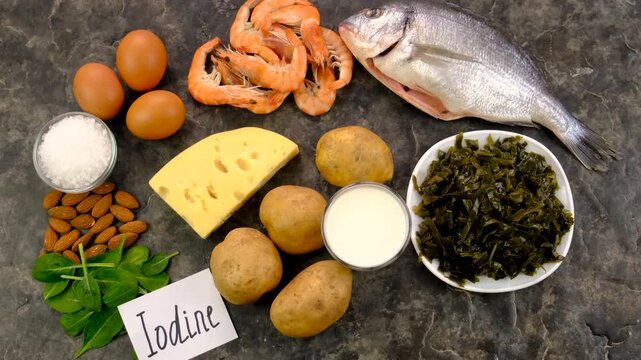 Foods that contain iodine. Selective focus.