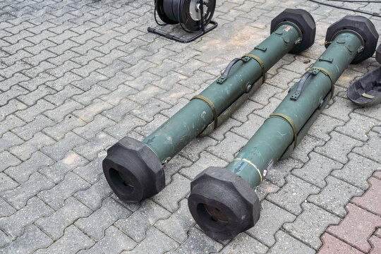 Two MANPADS (man portable air-defense system) missiles, short range guided anti aircraft rocket, displayed at weapons fair