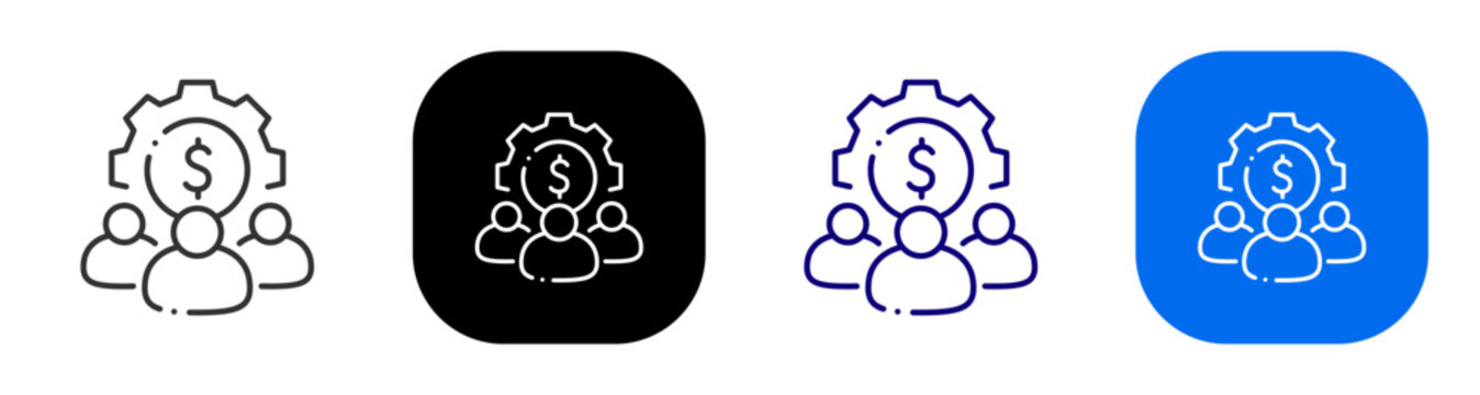 Team finance gear for payroll management compensation and workforce budget. Line, filled, black, color set. Editable stroke