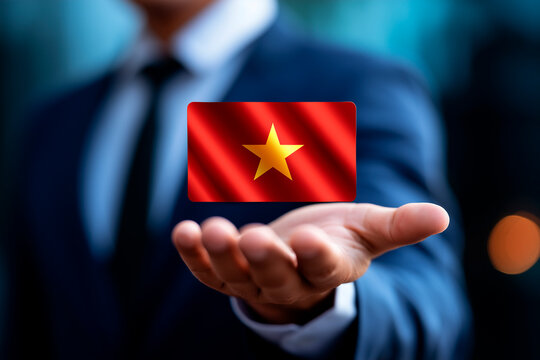 Businessman holding glowing digital Vietnam flag hologram over extended hand