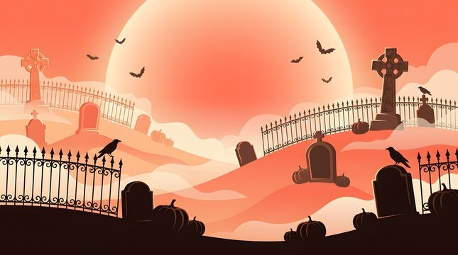 Eerie graveyard scene with a large moon and silhouetted figures on a foggy night