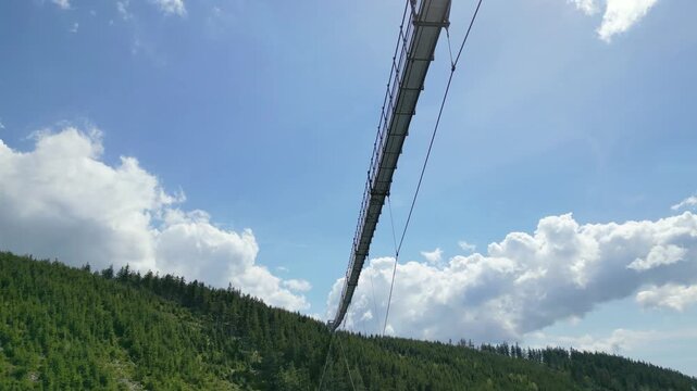 Aerial view of Sky Bridge 721 spanning the mountain valley with lush green forests and blue sky in Dolni Morava, Pardubicky kraj, Czechia.