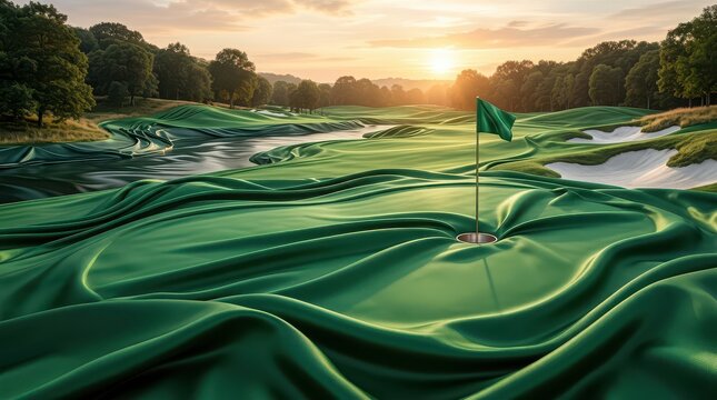 Surreal golf course with flowing green fabric fairways and a flag at sunset image photo