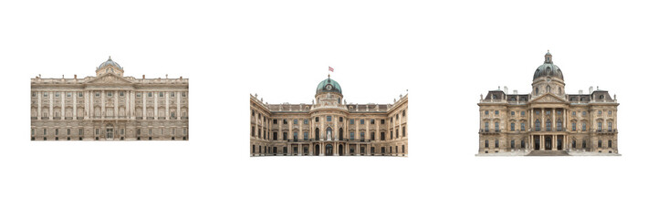 Obraz premium Grand European royal palaces and historic government buildings isolated on white background high resolution cut out PNG image for architecture projects