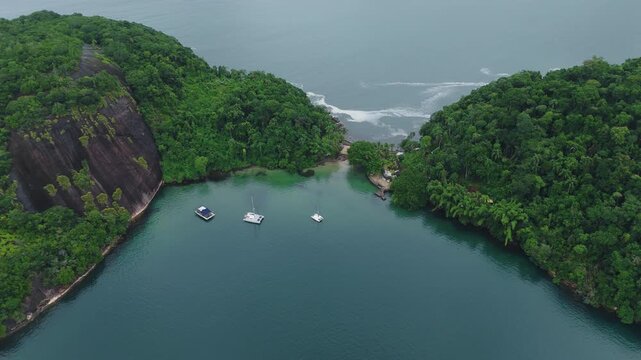 Aerial view of the calm bay with sailing boats in Brazil. Town of Angra dos Reis