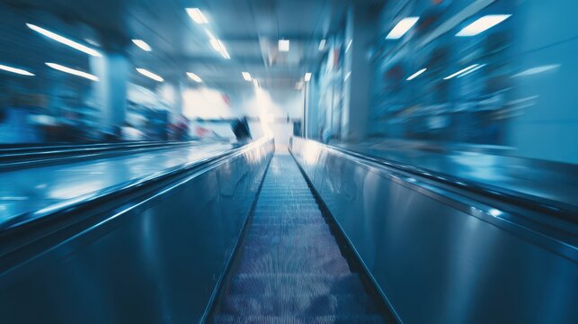 Escalator moving upward with motion blur in brightly lit modern interior