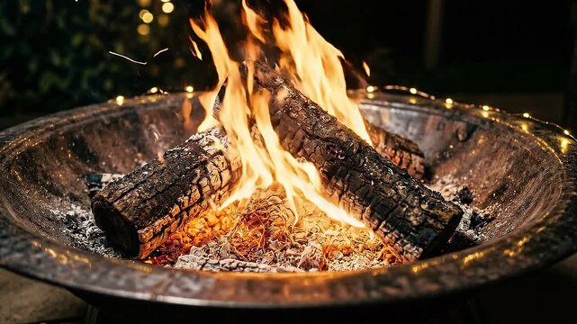 Slow motion close tracking shot of burning logs and flickering flames rising in metal fire pit bowl on backyard patio at night with warm amber glow and cozy evening mood