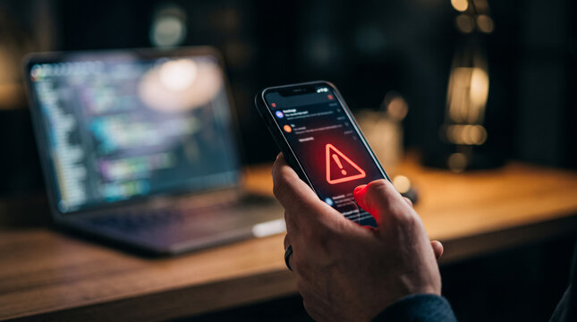 Person holding smartphone with a red warning alert on the screen
