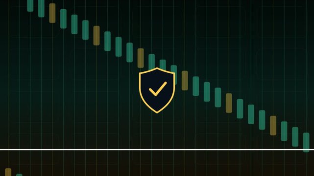 Animated infographic displaying a falling stock market graph with a security shield icon, representing financial crisis protection, secure investments, and data privacy in a bearish market trend
