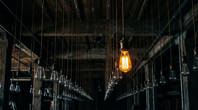 Rows of hanging vintage Edison light bulbs in a dark room