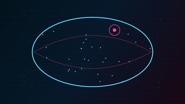 Minimalist animated representation of a pink planet revolving on an elliptical orbit around a dense cluster of stars, simulating gravitational forces within a futuristic and abstract cosmic system
