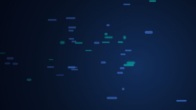 Futuristic blue and green digital particles, representing data or information, flowing and interacting randomly against a deep blue background, symbolizing network communication or technology