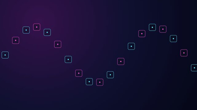 Digital sine wave made of glowing pink and blue square particles flowing smoothly across a dark purple background, representing concepts like data transfer, sound waves, or technology