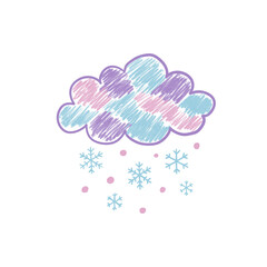 Charming hand drawn pastel cloud filled with blue, purple, and pink crayon scribble texture, snowing snowflakes and dots. Cute winter illustration. For kids design isolated on transparent background