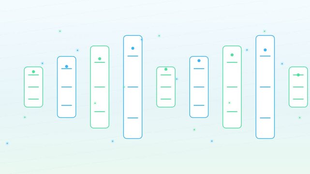 Minimalist animated background featuring colorful vertical bars and particles moving in a seamless looping motion, representing data, sound waves, or futuristic technological concepts
