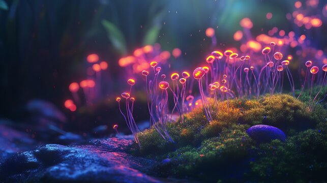 Luminescent fungi emerge from mossy terrain, illuminated by vibrant, otherworldly, bioluminescent light