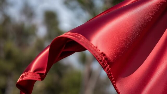 Slow motion tracking shot of red silk fabric billowing and fluttering in outdoor woodland setting during sunny daytime close up of flowing drape