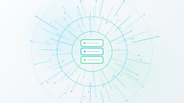 Futuristic data processing and networking animation showing a server icon exchanging information, representing cloud computing, big data, and technological innovation on a white background