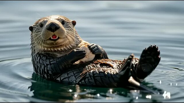 A cute sea otter floating on its back in calm water, looking directly at the viewer with an open mouth.