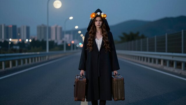 Woman in Hooded Coat with Flower Crown and Suitcases on Urban Bridge at Twilight