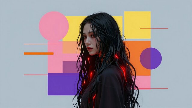 Neon-Infused Portrait Against Vibrant Geometric Background