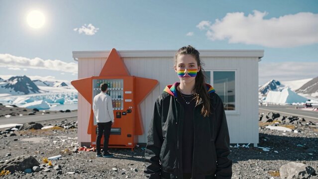 Rainbow-themed person standing before star-shaped vending machine in snowy mountain landscape