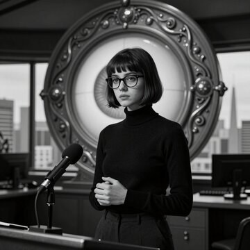 Female Journalist in Vintage Studio with Microphone and Ornate Backdrop