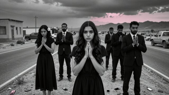 Group in Black Attire Praying on Rural Road at Dusk