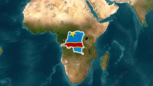 Democratic republic of the congo map with national flag overlay, zooming satellite view of central africa