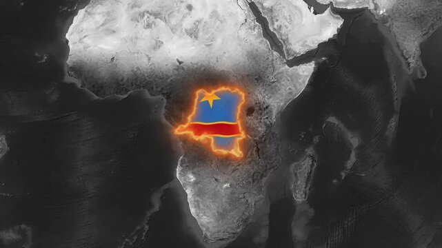 Democratic republic of the congo map with glowing national flag overlay on dark earth background kinshasa
