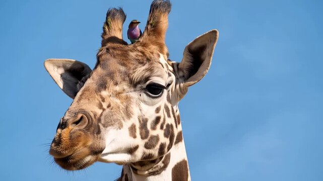 Slow tracking shot of giraffe turning head with colorful roller bird perched on ossicones against clear blue sky in savanna calm daytime wildlife interaction