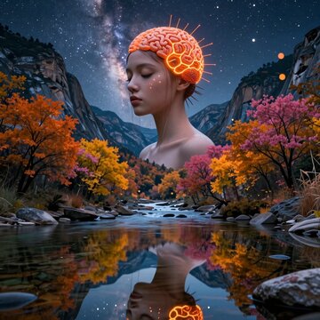 Surreal Nighttime Mountain Valley with Glowing Brain Headpiece