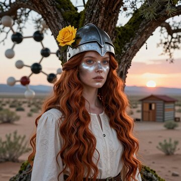 Redhead with Medieval Helmet and Yellow Rose in Desert Sunset