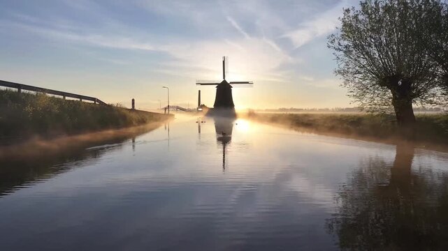 Aerial view of a traditional windmill standing beside a calm canal at sunrise with morning mist rising from the water and golden light reflecting on the surface, Netherlands.